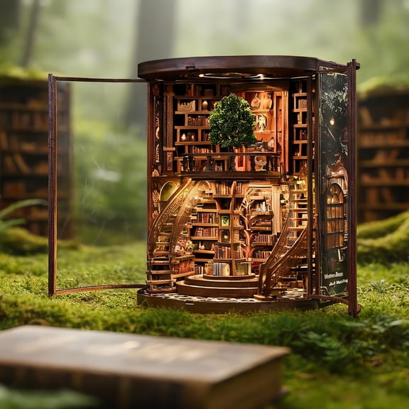 FYHALE Book Nook Kit for Adult, 3D Wooden Puzzles Miniature Library Bookshelf Decor, DIYBook Nook Model with LED Light, Book Nook Library, Adult Craft Kits Gift