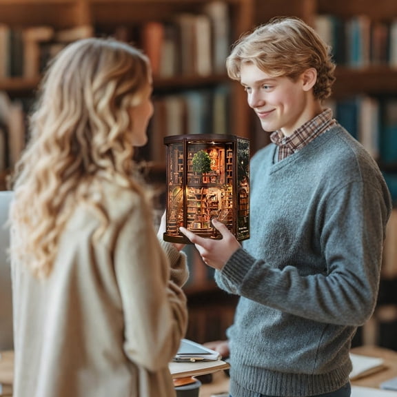 FYHALE Book Nook Kit Gift, DIY Miniature House with LED for Bookshelf Decor, Library Book Nook, 3D Wooden Puzzle Bookend, Relaxing DIY Craft for Adults & Teens, Gift for Friends & Family