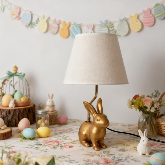 FYHALE Bunny Table Lamp, Cute Animal Rabbit Lamp, 18" Vintage LED Desk Light with Linen Lampshade,Gold Main Part Beside Lamp for Bedroom, Study Room, Office, Nursery, Home Decor
