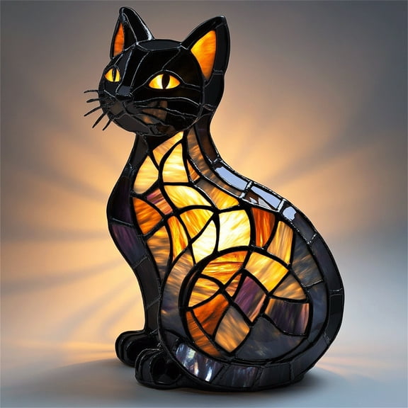 FYHALE Cat Lamp Stained Glass, Retro Cat Stained Resin Table Lamp, Kitty Night Light, Small Stained Glass Lamp, Animal Table Lamp Series for Lovers