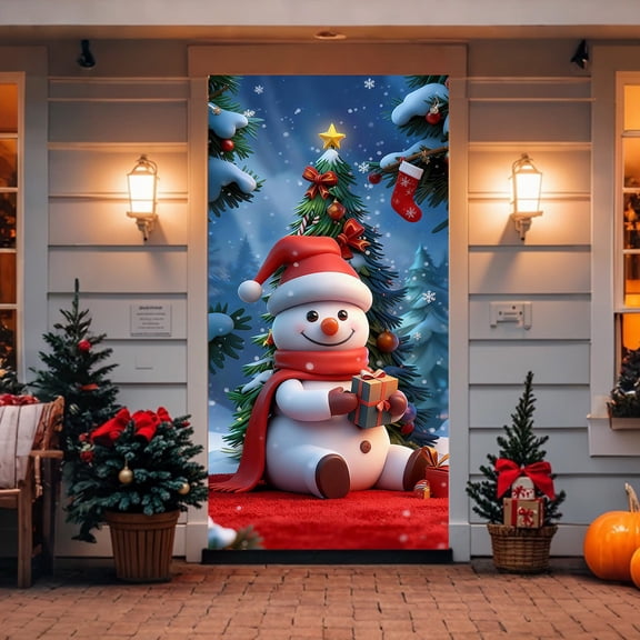 FYHALE Christmas Door Cover 35 X 71 In Christmas Door Hanging Cloth Snowman Patterned Door Curtain Christmas Day Door Or Wall Decoration