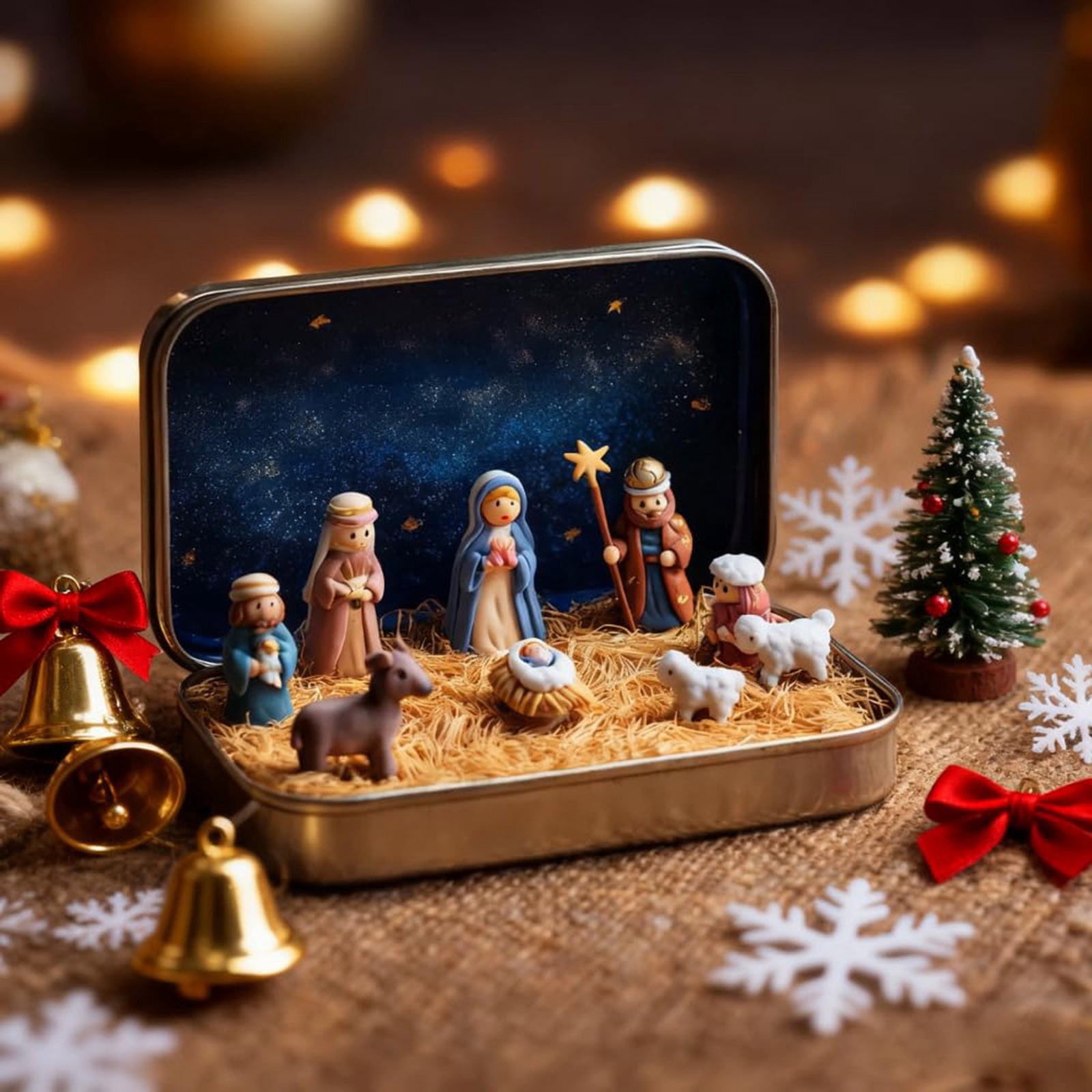 FYHALE Christmas Nativity Scene Set Mini Nativity Scene Set in a Tin ...