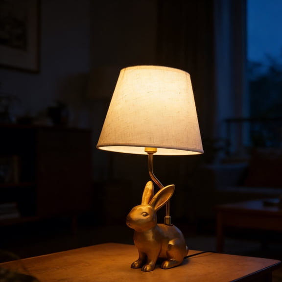 FYHALE Cute Rabbit Animal Table Lamp, 18" Gold Bunny Shaped LED Desk Light, White Linen Shade, Home Eye Protection Lamp Office Study Bedside Small Bunny Light
