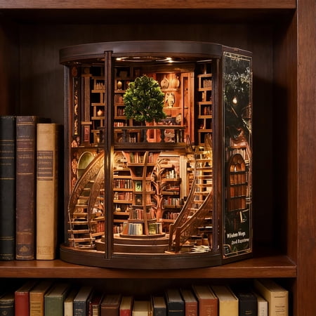FYHALE DIY Book Nook Miniature Library Assembly Kit with LED Lighting, 356 Piece Wooden Puzzle Bookshelf Model with Tools and Accessories, Handmade Craft Display Gift for Book Lovers
