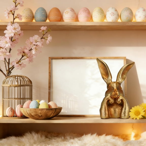 FYHALE Easter Bunny Decor - 8 Inch Gold Bunny, Vintage Gold Resin Bunny Figurines, Golden Cute Rabbit Statue for Home Office Shelf Mantel Decorations