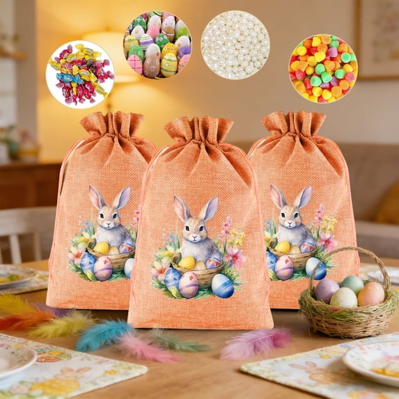 FYHALE Easter Bunny Drawstring Gift Bags 3 Pack Linen Burlap Candy Treat Pouches with Rabbit Egg Print Reusable Party Favor Bags for Easter Gifts Toys Storage