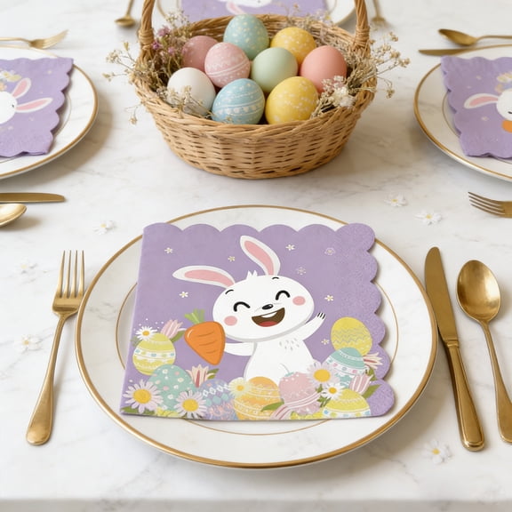 FYHALE Easter Bunny Paper Napkins 20 Pack, 6.5 Inch Purple Rabbits-Themed Disposable Party Napkins, Colorful Easter Table Decorations for Birthday Party, Spring Celebration and Holiday Supplies