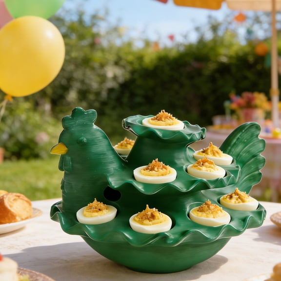 FYHALE Easter Decorations Devil Egg Platter, Chicken Deviled Egg Containers Holder with 3 Tier Egg Platters, Reusable Green Chicken Shaped Holiday Serving Egg Tray, Easter Gifts