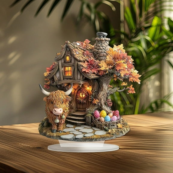 FYHALE Easter Tree House Cow Easter 2D Flat Acrylic Desktop Decoration