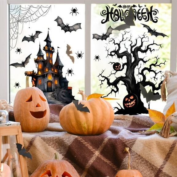 FYHALE Halloween Scary Castle Double Sided Window Clings, Window Bathroom Creepy Party Halloween Decoration No Adhesive Removable Window Stickers