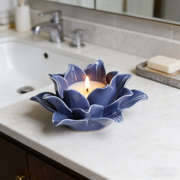 FYHALE Hand-Sculpted Ceramic Candle Holder for Home Decor, Candlelight Dinners, Festive Table Centerpiece, Romantic Ambient Lighting, Flower-Inspired Decorative Accent, Blue
