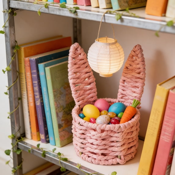 FYHALE Hand Woven Rabbits Ears Mini Storage Basket Easter Egg Basket Desktop Multicolor Creatives Small Storage Basket