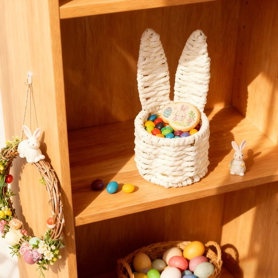 FYHALE Hand Woven Rabbits Ears Mini Storage Basket Easter Egg Basket Desktop Multicolor Creatives Small Storage Basket