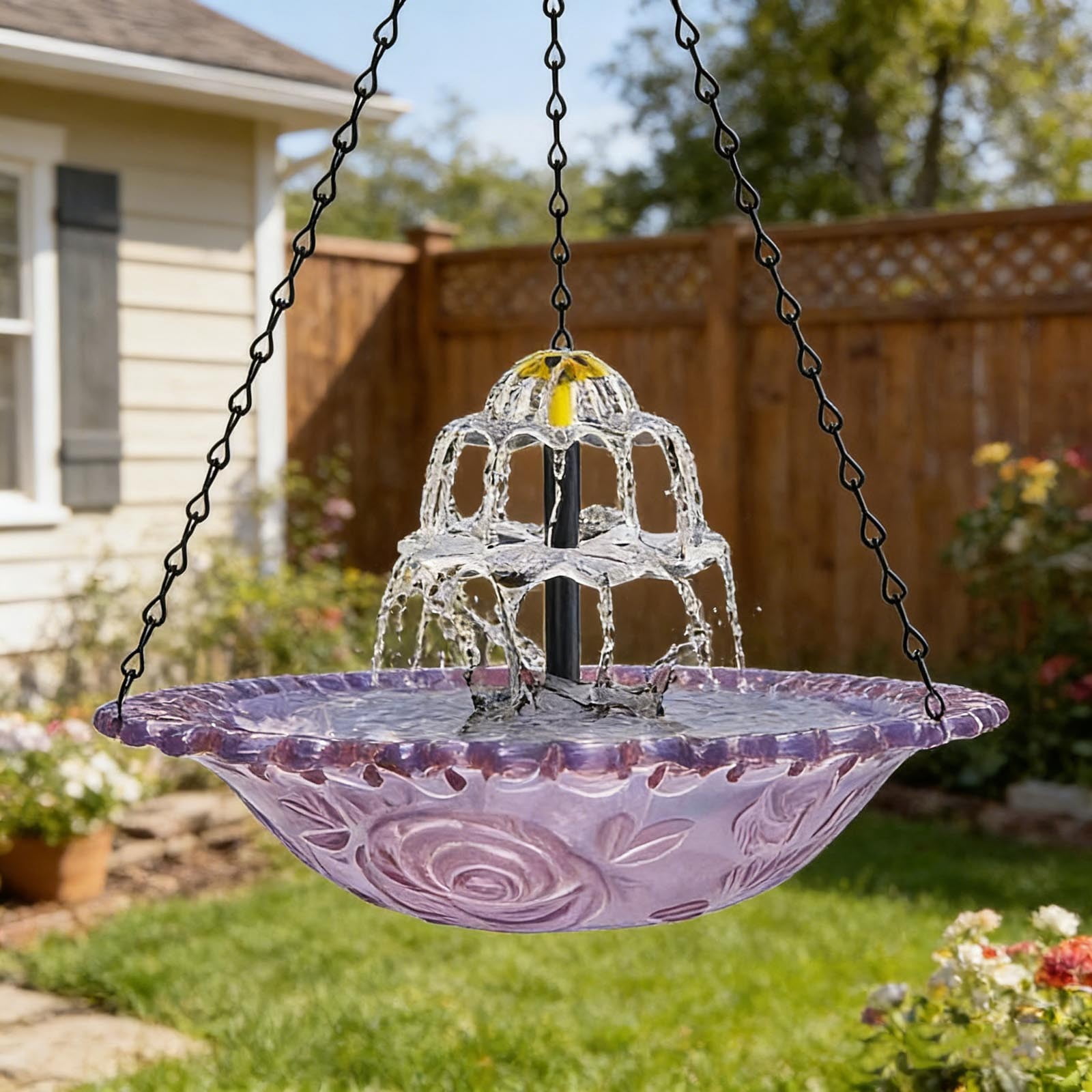 FYHALE Hanging Bird Bath with Solar Fountain, Solar Bird Bath Fountains, Hanging Bird Baths for Outdoors, Hummingbird Fountain, Bird Bath Fountains Solar Power for Garden Patio Decor, Purple