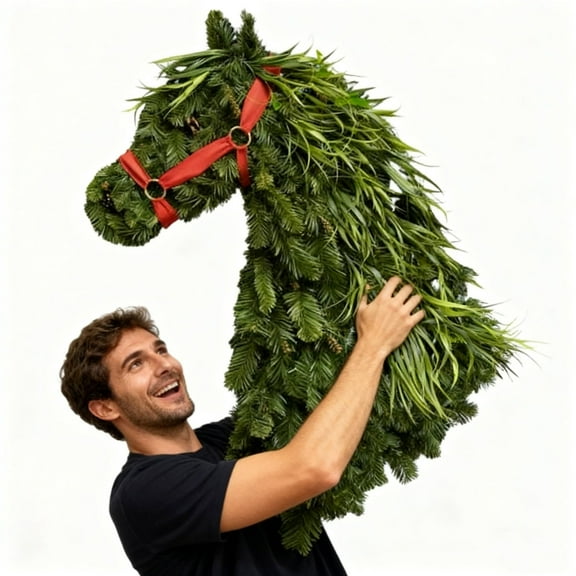 FYHALE Horse Christmas Wreath for Front Door, Horse Head Shaped Wreath for Rustic Farmhouse Equestrian Door Decor, Horse Head Wreath Frame Christmas Decorations Christmas Gifts