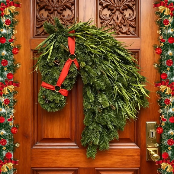 FYHALE Horse Head Wreath Horse Head Christmas Wreathfor Front Door, 1613in Faux Greenery Holiday Wreaths, Wall Hanger Horse-Shaped Wreath Kitchen for Front Door Wall Windows Room Indoor