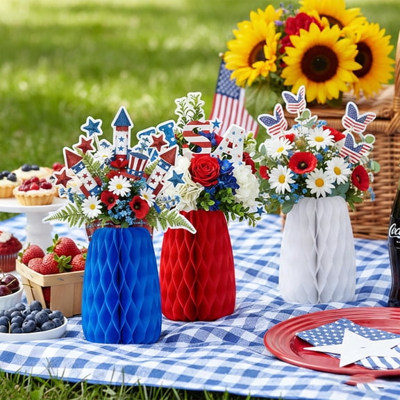 FYHALE Independence Day Honeycomb Ball Vase Centerpiece Patriotic Red White Blue Paper Decoration 250th Anniversary USA Table Decor for Party Dining Table Home Holiday Celebration Ornament Set