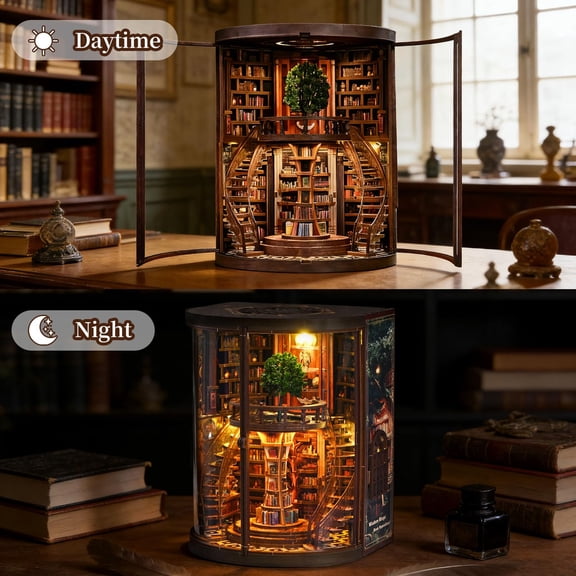 FYHALE Library Book Nook, DIY Book Nook Kit with LED Lights, 3D Puzzles for Adults & Teens, Miniatures and Model Building Kits for Bookshelf Decor, Relaxing Craft & Unique Gift for Craft Lovers
