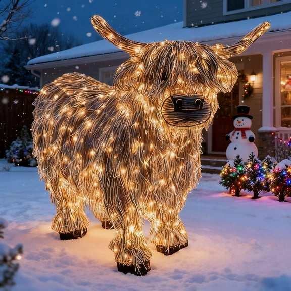 FYHALE Lighted Highland Cow Outdoor Decoration, Illuminated Holiday Yard Figure with White LED Lights & Horns, Rustic Farm Animal Display for Christmas or Seasonal Decor