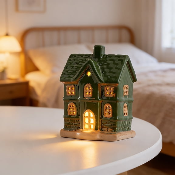 FYHALE Mini Ceramic House with LED Light, Decorative Glowing Cottage Figurine for Desktop Holiday Celebration Decor