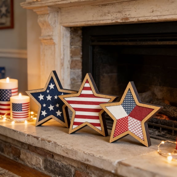 FYHALE Patriotic Wooden Star Decor Set of 3 Layered Red White Blue Star Ornaments Rustic Wood USA Flag Style Decorations for 4th of July Independence Day Memorial Day Table Wall Home Decor