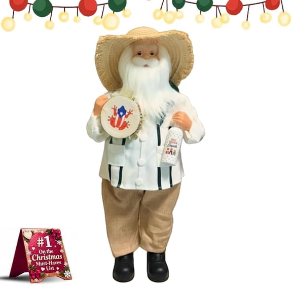 FYHALE Puerto Rican Santa Claus, 13-Inch Christmas Puerto Rican Style Santa Claus Figurine with Straw Hat, Guayabera, Wine Bottle & Frog Tambourine, Xmas Easter Navidad Holiday Desktop Decoration