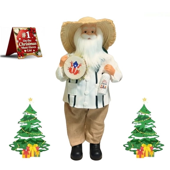 FYHALE Puerto Rican Santa Claus Figurine Under $10, 13" Puerto Rican Style Santa Claus Figurine, Santa Claus Collectible with Straw Hat, Puerto Rico Frog Tambourin & Bottle, Holiday Celebration