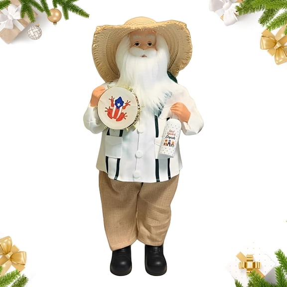 FYHALE Puerto Rican Style Santa Claus Figurine, 13 Inch Christmas Puerto Rico Santa Claus Figure Decor with Straw Hat, Guayabera, PR Frog Tambourine & Wine Bottle Indoor Home Decoration