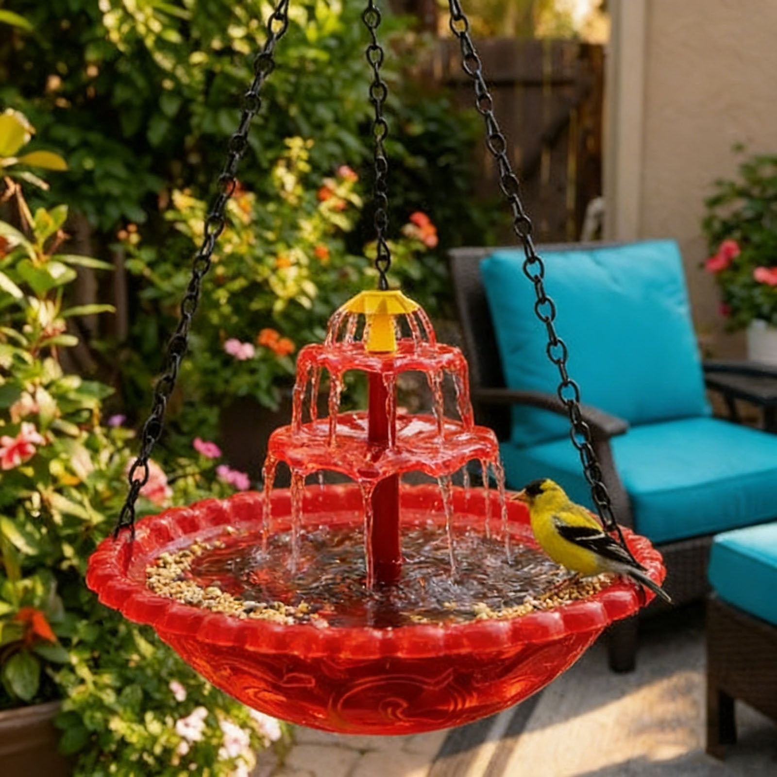 FYHALE Solar Bird Feeder Bird Bath with Fountain Pump, Outdoor Hanging Floating Bird Bath Feeder with Solar Fountain, Garden Bird Water Feeder Decoration for Patio Yard Lawn, Orange