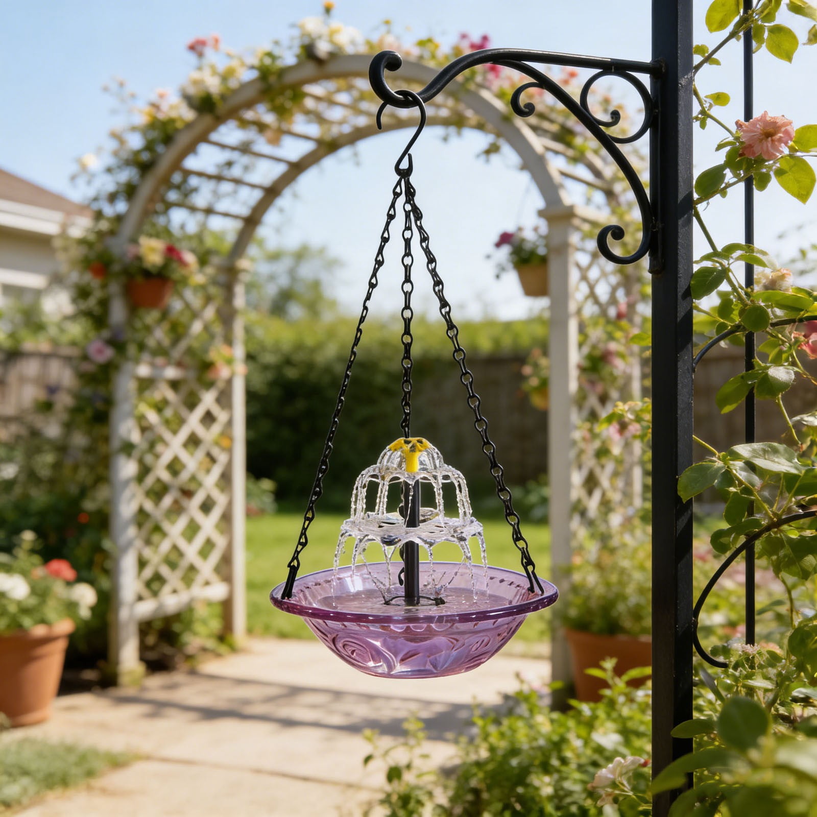 FYHALE Solar Hanging Bird Bath Fountain - 18" Solar Bird Bath with Metal Chain, Solar Powered Bubbler for Outdoor Garden, Patio, Yard, Lawn