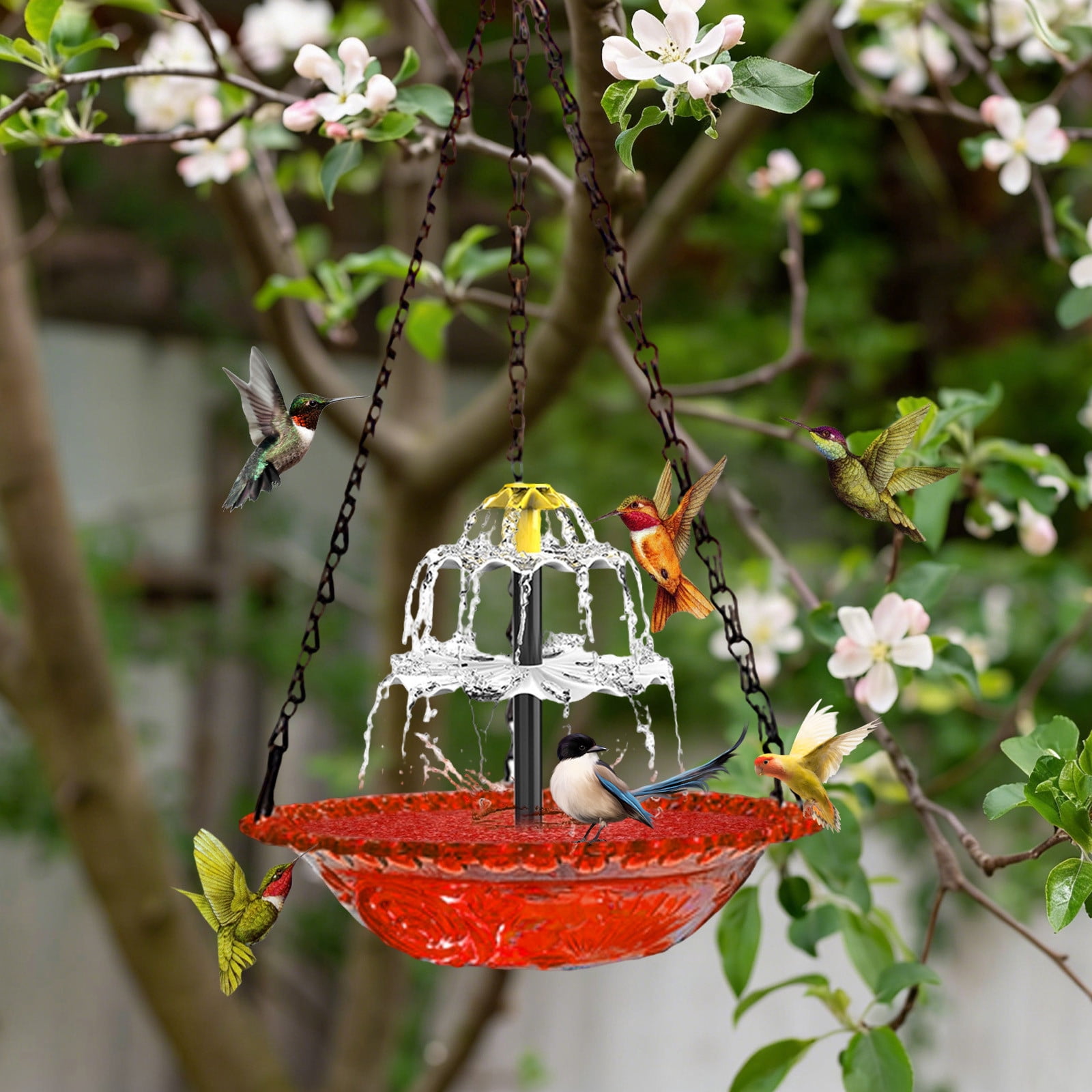 FYHALE Solar Powered Bird Feeder Fountain, Outdoor Garden Floating Bird Bath Feeder with Hanging Design and Solar Pump, Decorative Bird Water Feeder for Patio Yard