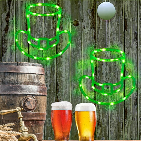 FYHALE St Patricks Day Decorations Accessories, Irish Shamrock LED Window Lights,17IN LED Green Iron Frame Silhouette Lights, Battery Powered Clover Hat Lights, Wall Indoor Party Favors