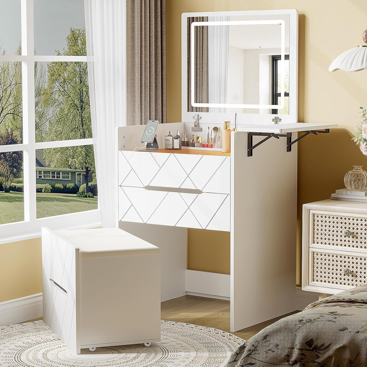 Vanity Desktop FYIVYIPONP 3 in 1 Vanity Desk with Flip-up 3 Colors Lighting Mirror ...
