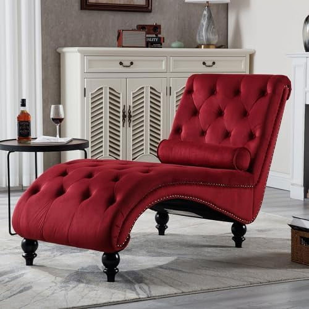 Tufted Velvet Chaise Lounge Chair With Acrylic Legs - Armless Recliner Sofa For Living Room Or Bedroom, Includes Lumbar Pillow (Pink)