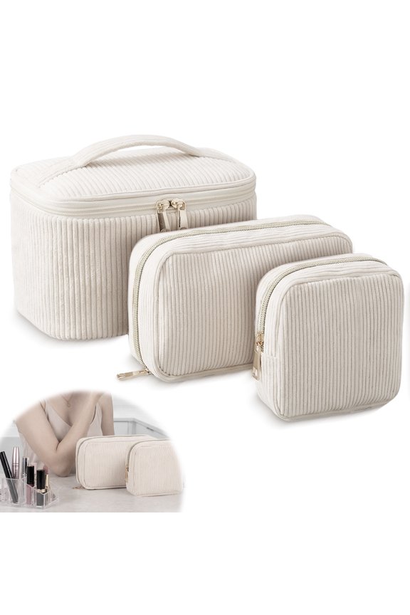 3 Pcs Makeup Bag for Travel, Cute Corduroy Cosmetic Pouch for Women with Zipper, Ideal for Vacation Business Trip and Daily Outing