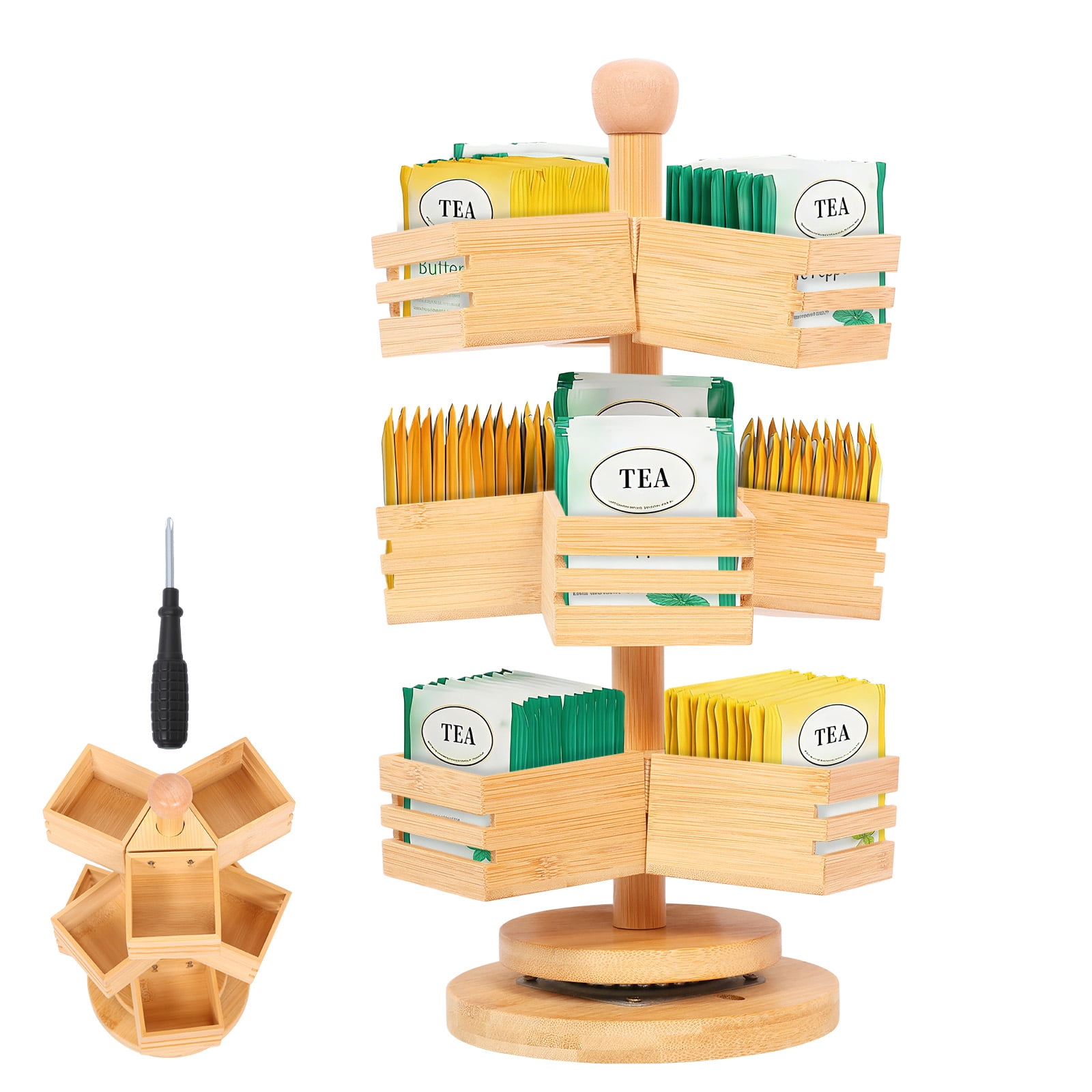 Revolving Tea Cup Set FYJUCPA 3-Tier Rotating Tea Bag Organizer, 360 Degree Bamboo Revolving ...