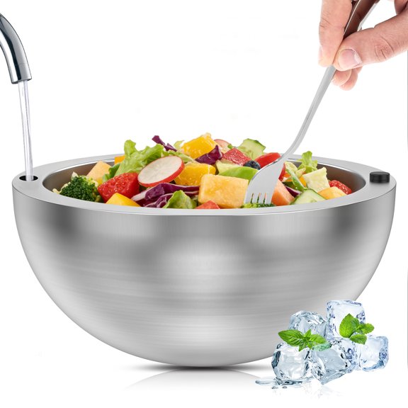 FYJUCPA 304 Stainless Steel Insulated Salad Bowl with Fork, 35/70oz Double Layer Thermal Bowl for Hot/Cold Food, Vegetable Salad Soup Pasta Fruit