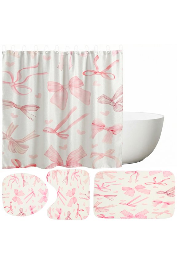 4 Pcs Bow Shower Curtain Set, Cute Bathroom Shower Curtain with 12 Rings, Bow Aesthetic Bathroom Set with Bath Mat Toilet Lid Cover and U Rug