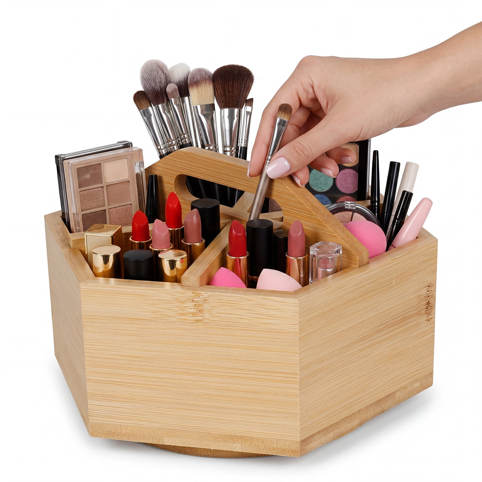 FYJUCPA Bamboo Rotating Pen Holder, Versatile Hexagon Desktop Pencil Organizer with 6 Compartments and Handle, Crayon Marker Holder for Pencil Pen and Paint Brush