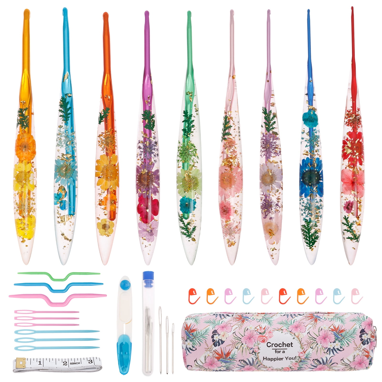 FYJUCPA Crochet Hook Set, 9PCS Ergonomic Hooks with Floral Resin Grip & Storage Bag, for Blanket Doll Shawl Hat Scarf Crocheting, Great Gift