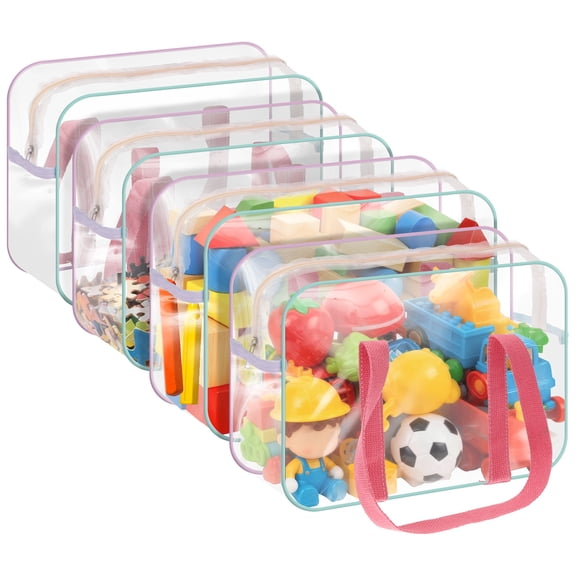FYJUCPA PVC Toy Storage Bags, 4Pcs Waterproof Clear Organizer Bags with Zip & Side Pockets, for Building Blocks Puzzles, 13.4x9.4x4.7in
