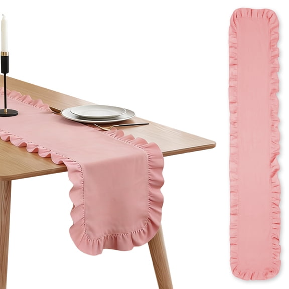 FYJUCPA Pink Ruffled Table Runner, 71 Inch Cotton Scalloped Table Runner Washable Farmhouse Kitchen Decoration for Wedding Bride Shower