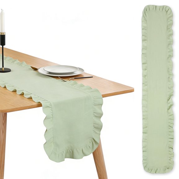 FYJUCPA Pink Ruffled Table Runner, 71 Inch Cotton Scalloped Table Runner Washable Farmhouse Kitchen Decoration for Wedding Bride Shower