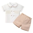 thumbnail image 1 of FYMNSI 12 Months Boy Clothes Peter Pan Collar Shirt and Shorts Set Summer 2-Piece Toddler Boys Short Outfits Kahaki, 1 of 6
