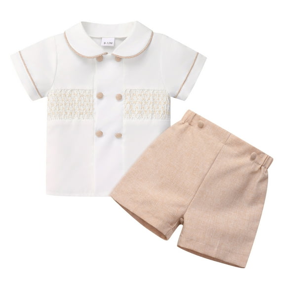 FYMNSI 12 Months Boy Clothes Peter Pan Collar Shirt and Shorts Set Summer 2-Piece Toddler Boys Short Outfits Kahaki