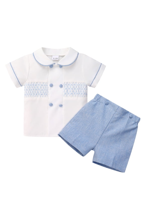 4T Boy Clothes Peter Pan Collar Shirt and Shorts Set Summer 2-Piece Toddler Boys Short Outfits Blue