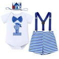 thumbnail image 1 of FYMNSI Baby Boy 1st Birthday Outfits Bow Tie Romper Shorts Adjustable Y Back Suspenders Set with Crown Infant Cake Smash Photo Shoot Clothes, 1 of 10
