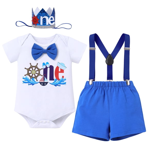 FYMNSI Baby Boy 1st Birthday Outfits Bow Tie Romper Shorts Adjustable Y Back Suspenders Set with Crown Infant Cake Smash Photo Shoot Clothes