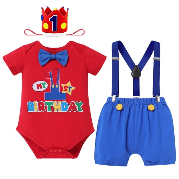 FYMNSI Baby Boy 1st Birthday Outfits Bow Tie Romper Shorts Adjustable Y Back Suspenders Set with Crown Infant Cake Smash Photo Shoot Clothes