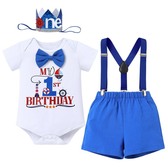FYMNSI Baby Boy 1st Birthday Outfits Bow Tie Romper Shorts Adjustable Y Back Suspenders Set with Crown Infant Cake Smash Photo Shoot Clothes